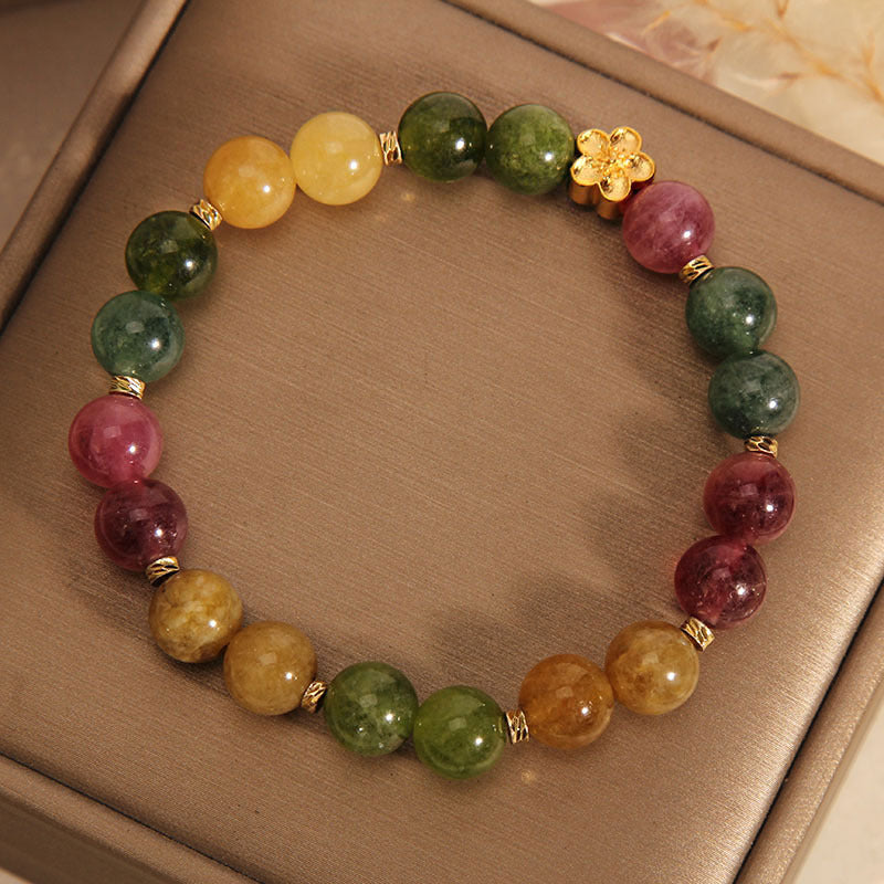 Buddha Stones Natural Colorful Tourmaline Golden Flower Positive Bracelet