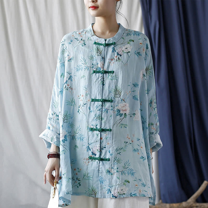 Buddha Stones Light Green Pink Flowers Green Leaves Frog-Button Long Sleeve Ramie Linen Jacket Shirt