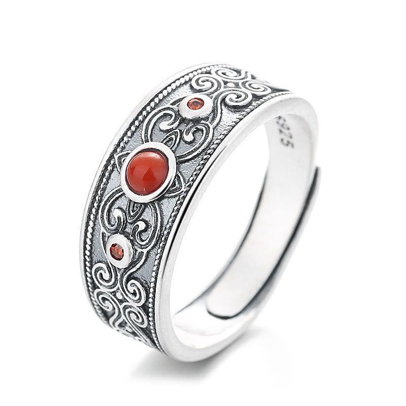 Buddha Stones 925 Sterling Silver Embedded Red Agate Auspicious Clouds Logical Thinking Ring