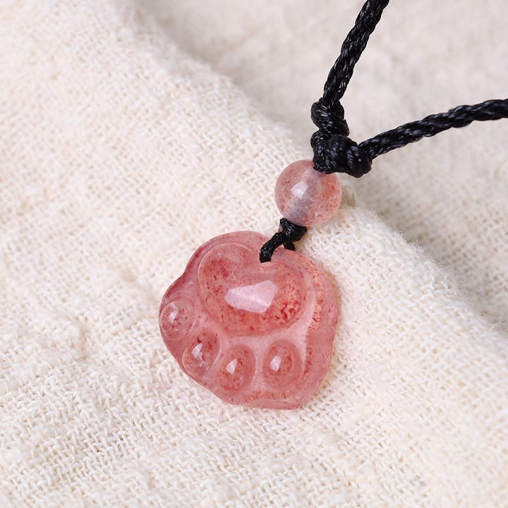Buddha Stones Strawberry Quartz Lovely Cat Paw Claw Healing Necklace Pendant - image 5