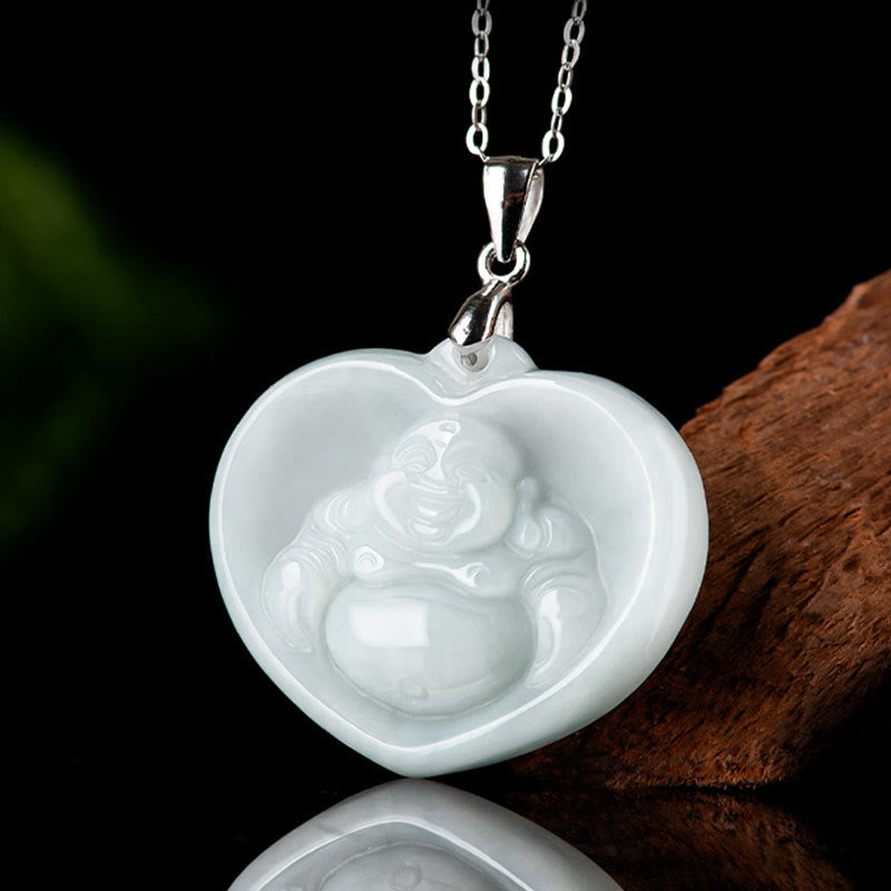 Buddha Stones Laughing Buddha White Jade Luck Blessing Titanium Steel Chain Necklace Pendant - image 1