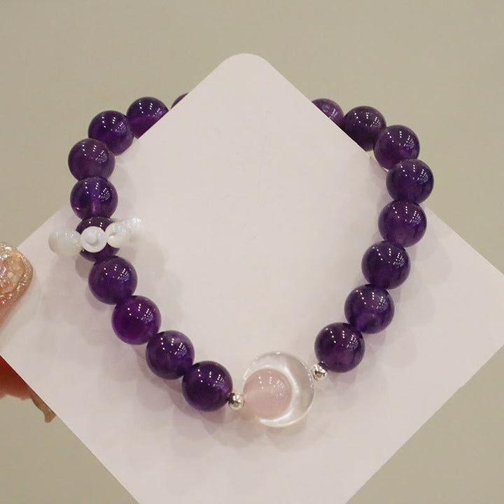 Buddha Stones 925 Sterling Silver Natural Amethyst Aquamarine Pink Crystal Cat's Eye Healing Crescent Moon Bracelet - image 5