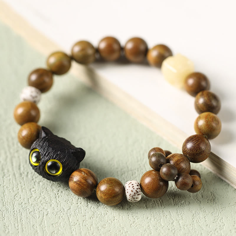 Buddha Stones Green Sandalwood Ebony Wood Cat Peace Soothing Bracelet - Green Sandalwood(Cure♥Positive)(Wrist Circumference 14-17cm) - image 1