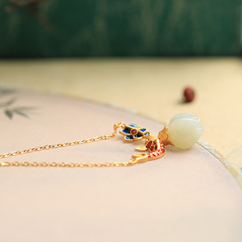 Buddha Stones 925 Sterling Silver White Jade Koi Fish Lotus Protection Necklace Pendant - image 8