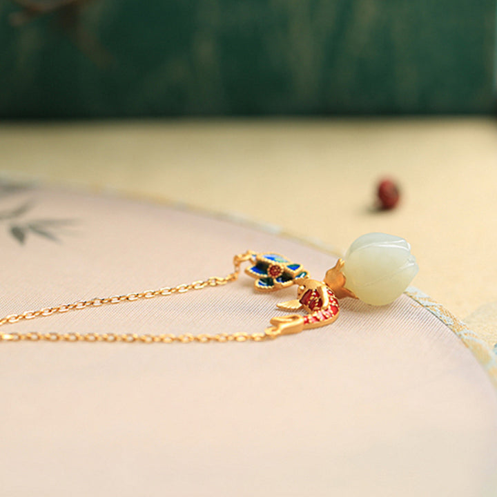 Buddha Stones 925 Sterling Silver White Jade Koi Fish Lotus Protection Necklace Pendant - image 8