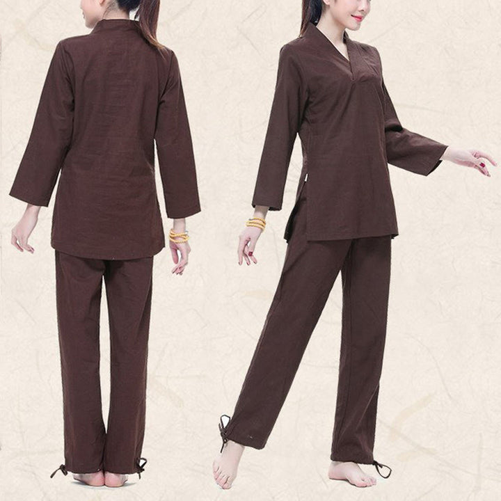 Buddha Stones Zen Practice Yoga Meditation Prayer V-neck Design Uniform Cotton Linen Clothing Women's Set - image 12