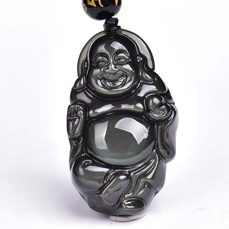 Natural Rainbow Obsidian Laughing Buddha Inner Peace Necklace Pendant