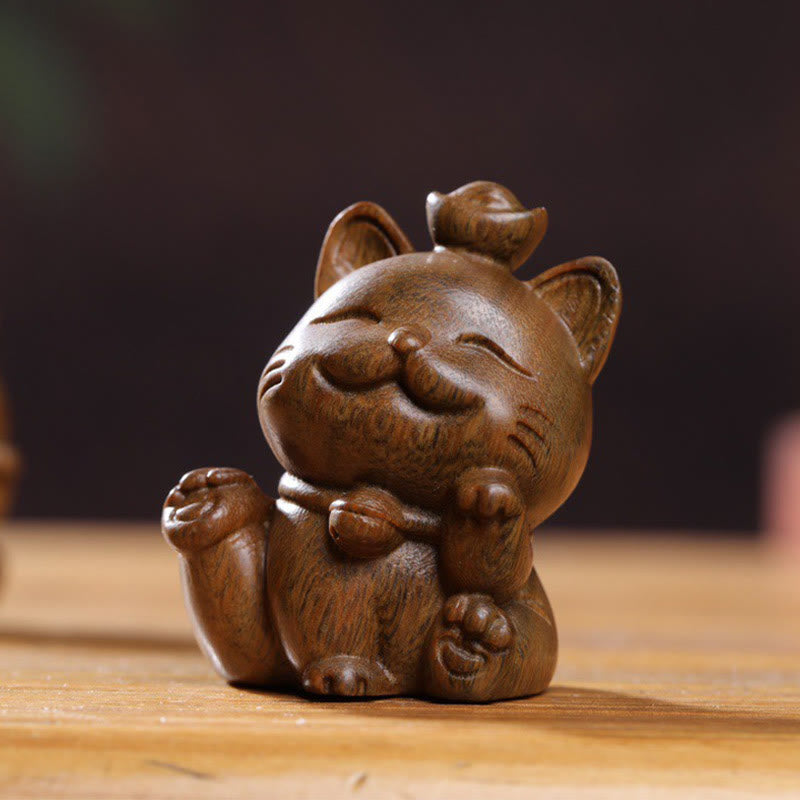 Buddha Stones Mini Green Sandalwood Ingot Lucky Cat Carved Peace Desk Decorations - image 14