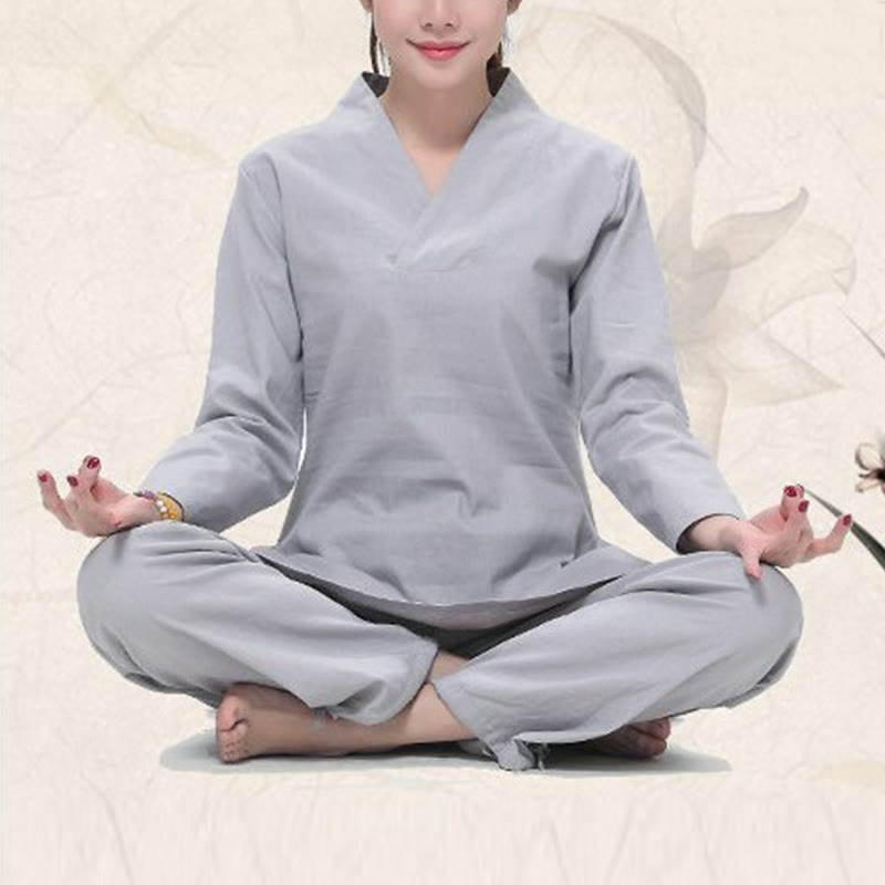 Buddha Stones Zen Practice Yoga Meditation Prayer V-neck Design Uniform Cotton Linen Clothing Women's Set