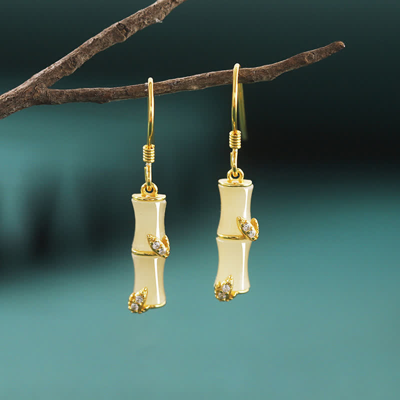 925 Sterling Silver Hetian Jade Chrysoberyl Cat Eye Red Agate Bamboo Luck Drop Earrings - Gold - Hetian Jade(Prosperity♥Abundance) - image 1