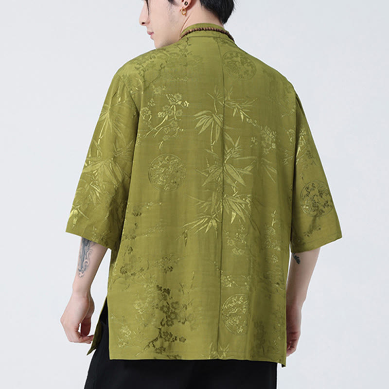 Buddha Stones Peach Blossom Bamboo Leaves Frog-button Chinese Half Sleeve Shirt Men T-shirt