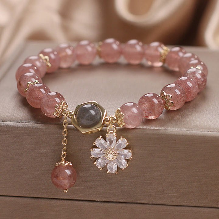 Natural Strawberry Quartz Crystal Daisy Flower Charm Positive Healing Bracelet - image 3