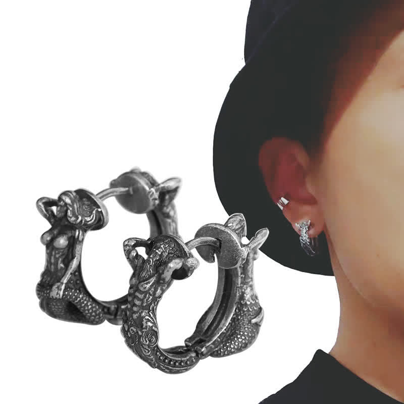 925 Sterling Silver Dragon Hoop Pattern Protection Earrings - image 2