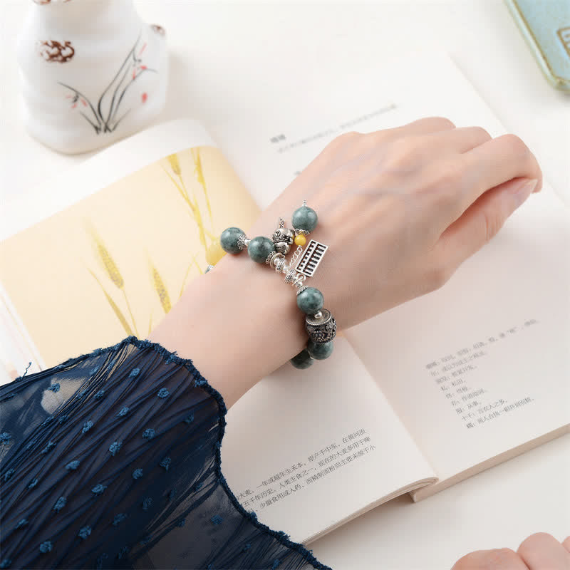 925 Sterling Silver Cyan Jade Amber Abacus Lucky Cat Success Bracelet - image 3