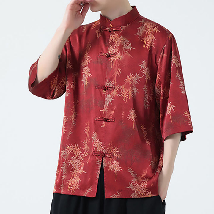 Buddha Stones Bamboo Leaves Pattern Chinese Half Sleeve Shirt Men T-shirt