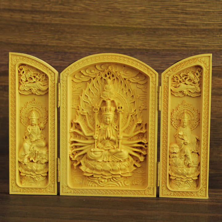 Thousand-armed Avalokitesvara Kwan Yin Buddha Boxwood Wealth Home Decoration Altar