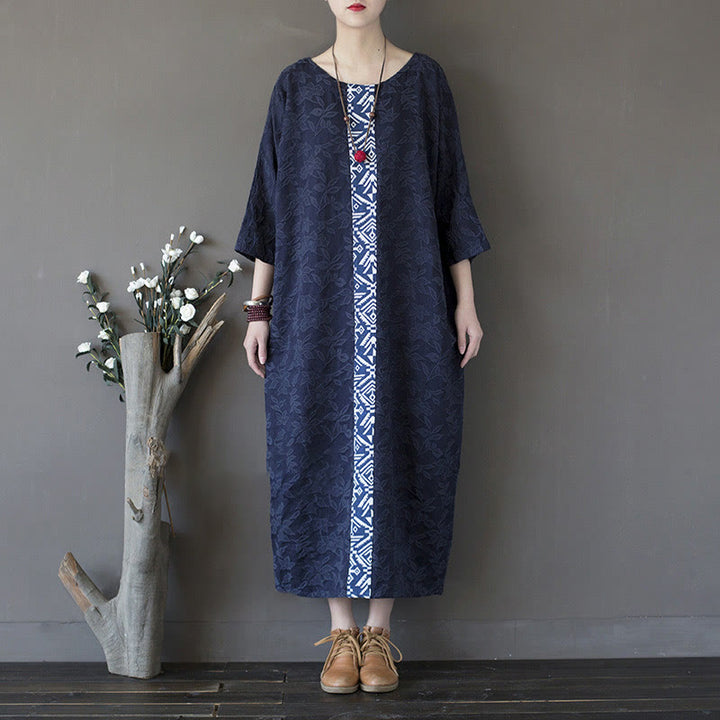 Buddha Stones Blue Flowers Embroidery Jacquard Midi Dress Three Quarter Sleeve Cotton Dress With Pockets