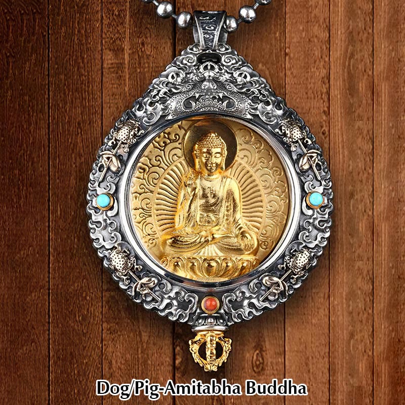 Buddha Stones Chinese Zodiac Natal Buddha Thangka Nine Palaces Eight Diagrams Wealth Rotatable Necklace Pendant - Dog/Pig-Amitabha Buddha - image 10