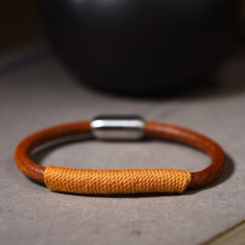 Buddha Stones Tibetan Leather Handmade Five Elements Luck Braid String Buckle Bracelet - Yellow(Earth) - 19cm - image 11