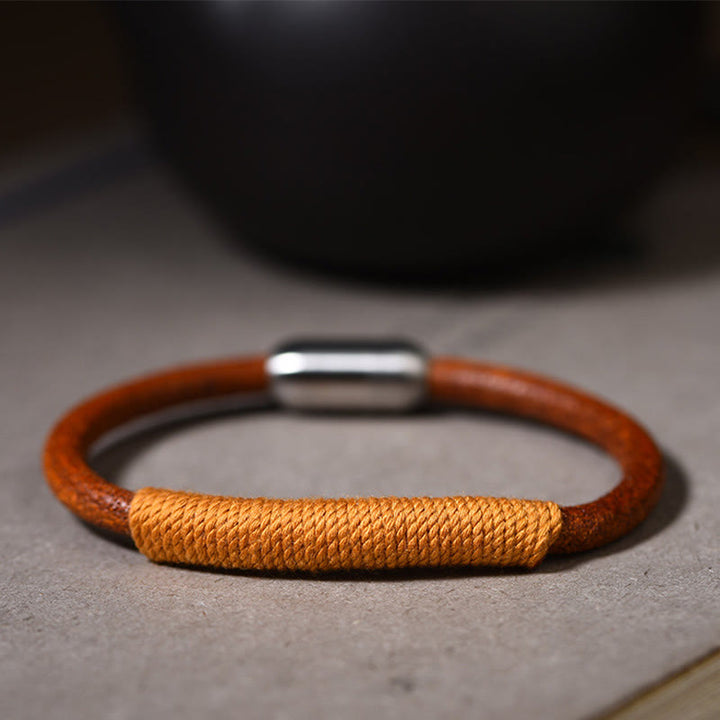 Buddha Stones Tibetan Leather Handmade Five Elements Luck Braid String Buckle Bracelet - Yellow(Earth) - 19cm - image 11