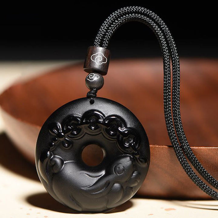 Buddha Stones Chinese Zodiac Natural Black Obsidian Peace Buckle Strength Necklace Pendant - Rabbit - image 0
