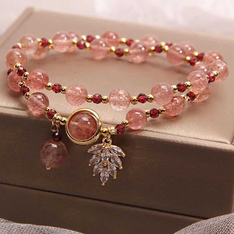 Natural Strawberry Quartz Love Healing Maple Leaf Charm Double Wrap Bracelet