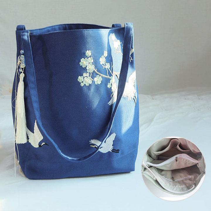 Flower Crane Plum Blossom Embroidery Canvas Large Capacity Shoulder Bag Tote Bag