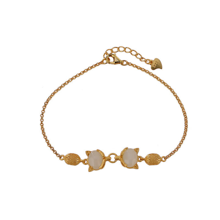 Buddha Stones 925 Sterling Silver Natural Hetian White Jade Cyan Jade Lovely Fox Luck Bracelet - image 11