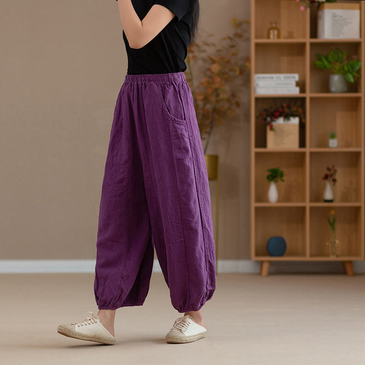 Buddha Stones Ramie Linen Flexible Waistband Yoga Harem Pants With Pockets