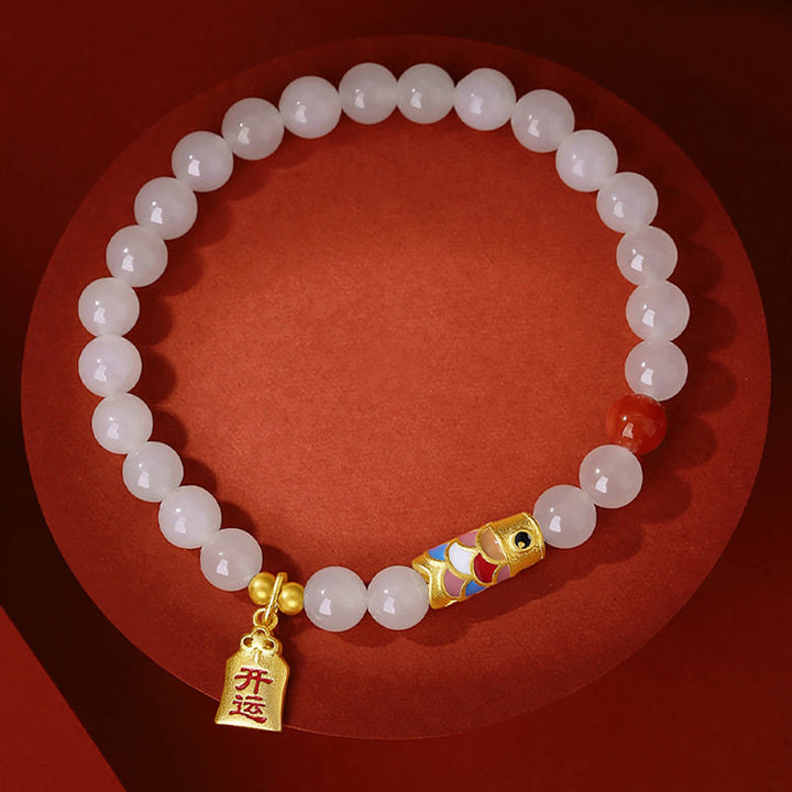 Buddha Stones 925 Sterling Silver Hetian White Jade Red Agate Koi Fish Luck Happiness Bracelet - image 6