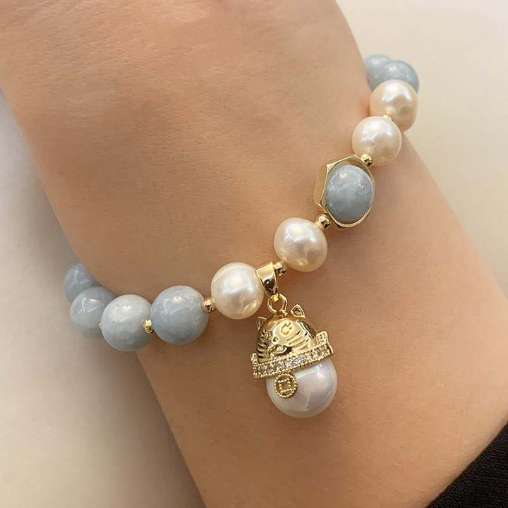 Buddha Stones Aquamarine Pearl Peace Healing Lucky Cat Charm Bracelet - image 3