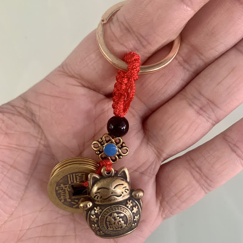 Buddha Stones Feng Shui Five Emperor Coins Lucky Cat Money Wealth Keychain - image 5