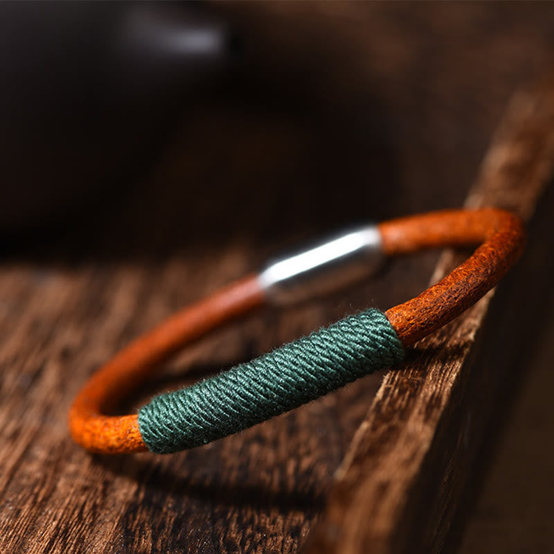 Buddha Stones Tibetan Leather Handmade Five Elements Luck Braid String Buckle Bracelet - Green(Wood) - 19cm - image 1