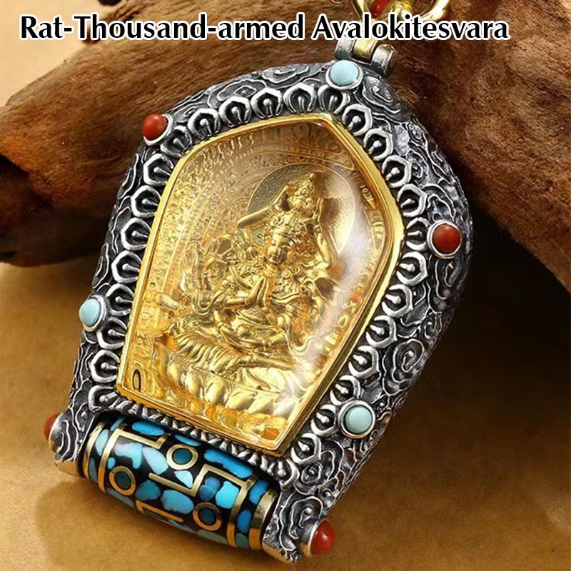 Tibet Chinese Zodiac Natal Buddha Thangka Prosperity Rotatable Dzi Bead Necklace Pendant - Rat-Thousand-armed Avalokitesvara - image 2