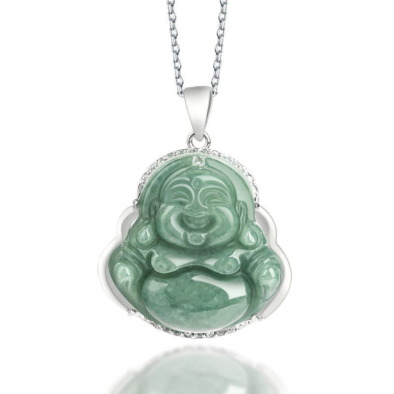 Buddha Stones 925 Sterling Silver Laughing Buddha Jade Abundance Necklace Chain Pendant - Jade (Prosperity ♥ Abundance) - image 1
