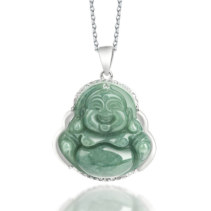 Buddha Stones 925 Sterling Silver Laughing Buddha Jade Abundance Necklace Chain Pendant - Jade (Prosperity ♥ Abundance) - image 1