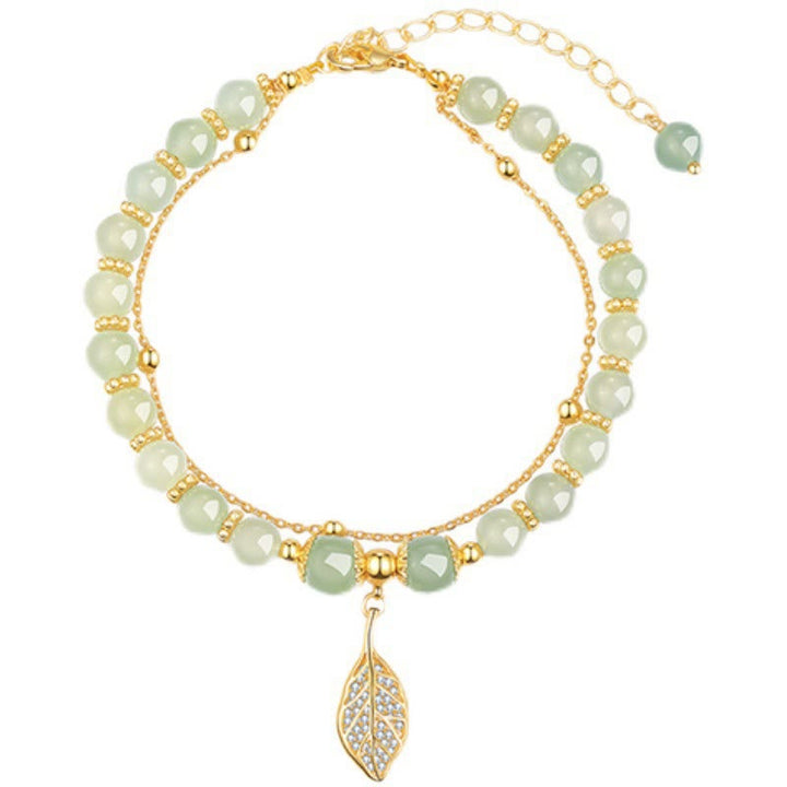 Buddha Stones Jade Leaf Ginkgo Tulip Peanut Fu Character Luck Beaded Bracelet - image 9