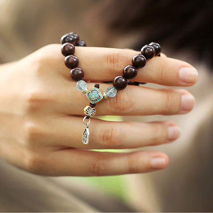 925 Sterling Silver Indian Small Leaf Red Sandalwood Aquamarine Full of Gold Star Chinese Knotting Blessing Bracelet
