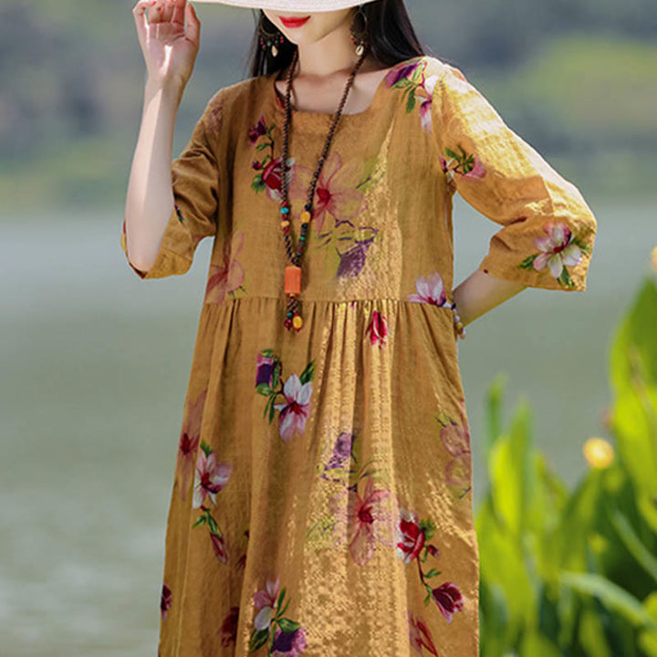 Buddha Stones Flowers Print Midi Dress Cotton Linen Tunic Dress With Pockets