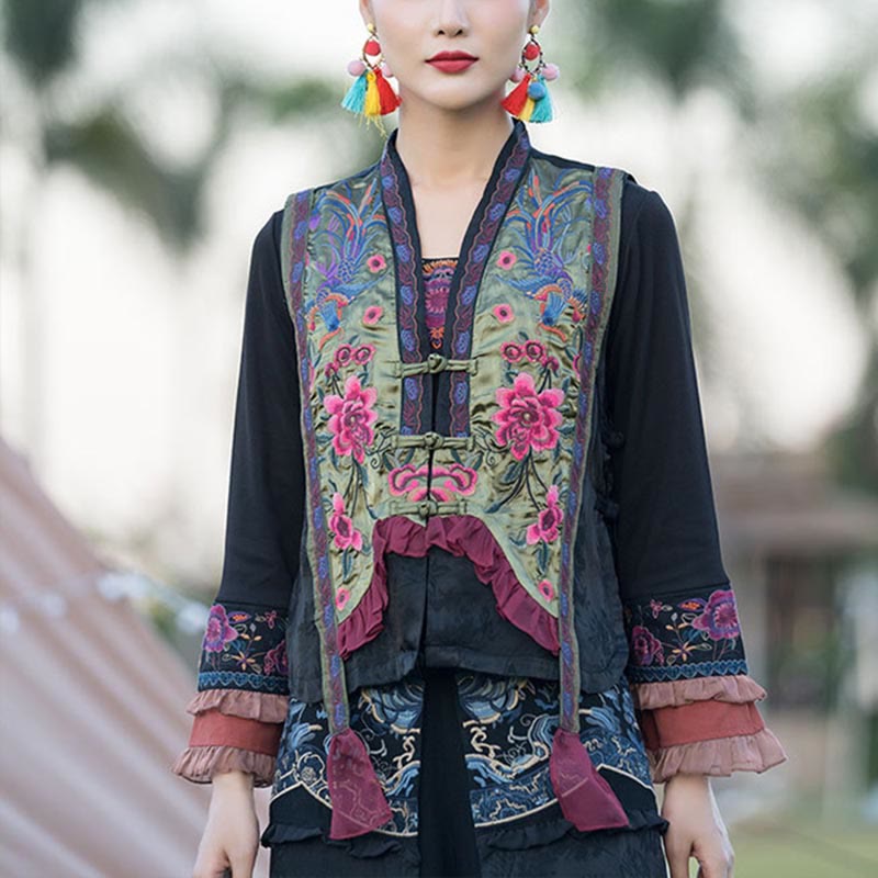 Buddha Stones Vintage Embroidery Flower Pattern Tang Suit Design Vest