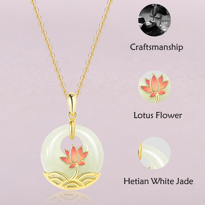 Buddha Stones 925 Sterling Silver Hetian White Jade Lotus Flower Blessing Necklace Pendant - image 7