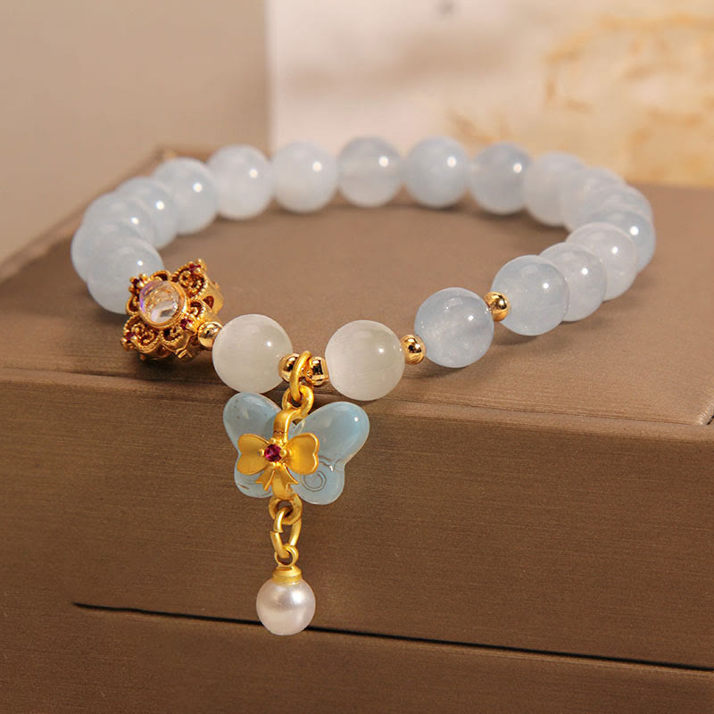 Buddha Stones Aquamarine Cat's Eye Healing Butterfly Pearl Charm Bracelet