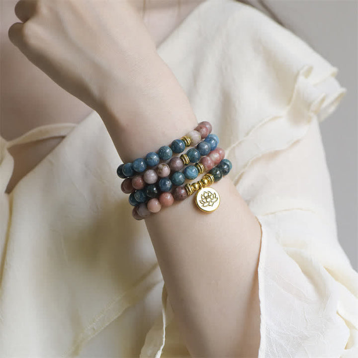 Buddha Stones Lazurite Lapis Lazuli Picasso Jasper Amazonite Rhodonite Apatite Positive Lotus Prayer Bead Bracelet - image 15