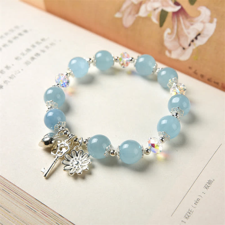 925 Sterling Silver Natural Aquamarine Serenity Flower Love Key Charm Bracelet - image 3