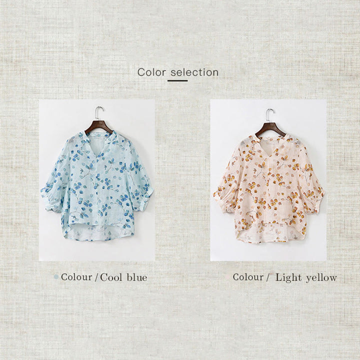 Buddha Stones Fruits Leaves Pattern Lantern Sleeve Top Loose Tee T-shirt