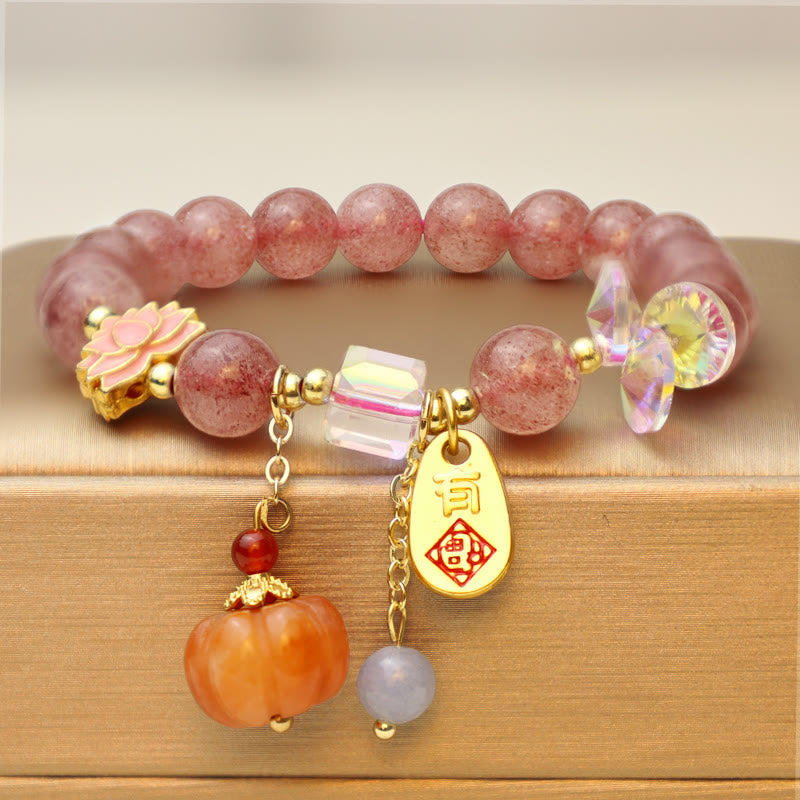 Buddha Stones Natural Strawberry Quartz Fu Character Pumpkin Charm Positive Bracelet