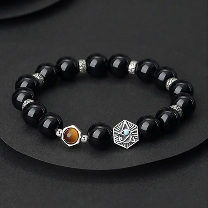 Buddha Stones 925 Sterling Silver Black Obsidian Tiger Eye Eye of Providence Purification Bracelet - Black Obsidian&Tiger Eye - image 0