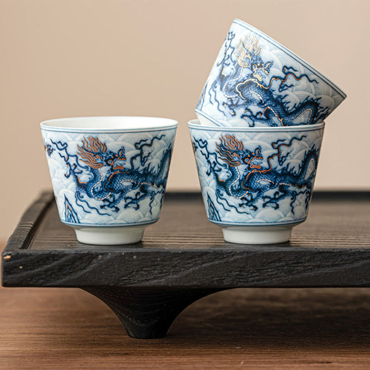 Buddha Stones Small Blue And White Dragon Pattern Ceramic Teacup Kung Fu Tea Cups 45ml