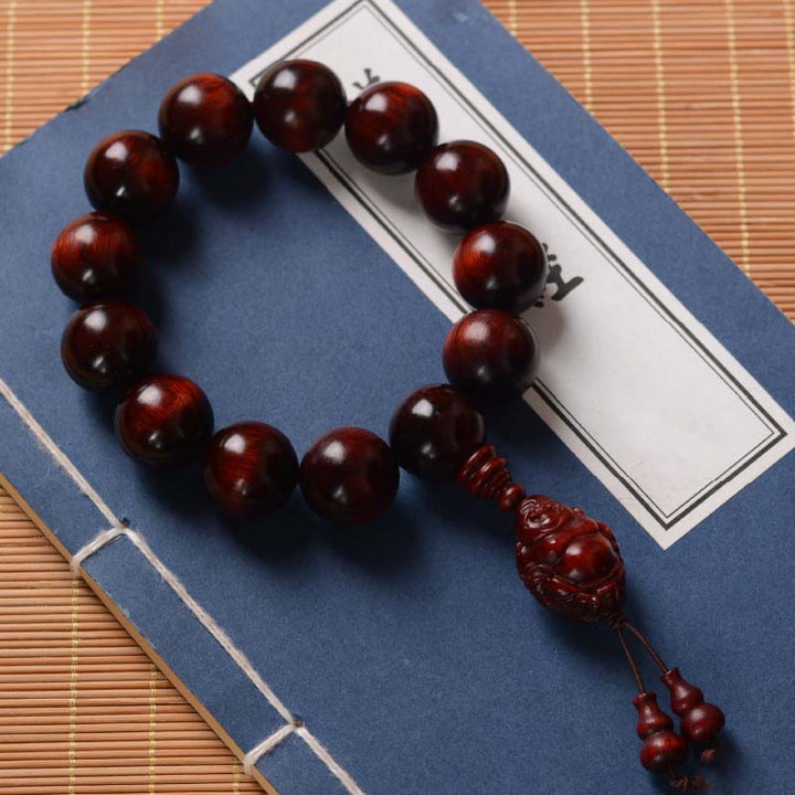 Buddha Stones Small Leaf Red Sandalwood Laughing Buddha God of Wealth Protection Bracelet