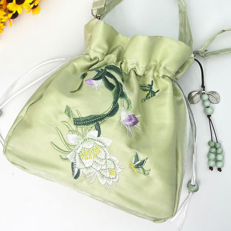 Buddha Stones Embroidered Flowers Wisteria Lily Cotton Linen Tote Crossbody Bag Shoulder Bag Handbag